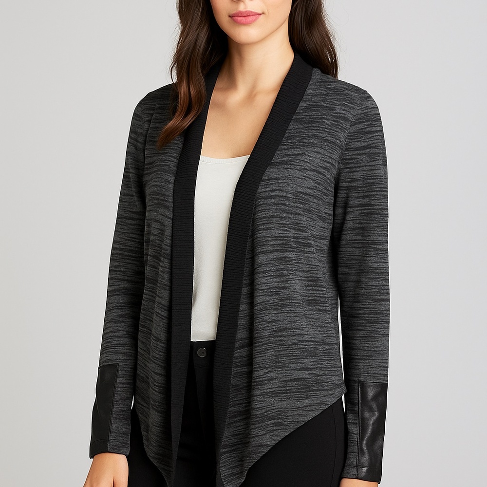 Noir Mixed Media Open Front Waterfall Heathered Grey Cardigan Small